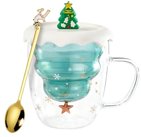 Leikurvo Doppelwandige Süße Weihnachtsbaum Latte Macchiato Gläser 300ml Kaffeetasse Weihnachten Becher mit Weihnachtsbaum Teesieb Teegläser für Milch, EIS, Weihnachtsgeschenke Geschenke