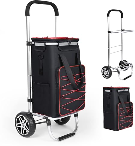 YEAUPE PRO 3in1 Einkaufstrolley mit Kühlfach, 46L Einkaufsroller mit Abnehmbarer Tasche, Max. 25kg Belastbarkeit, inkl. Seitentaschen und Flaschenöffner (Rot)