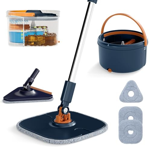 LIFEZEAL Vadrouille Lave-Vaisselle Professionnel Rotatif avec Pains, essoreur, Double Seau, Filtre, Longueur réglable, séparation de l'eau pour différentes Surfaces (Bleu| 2 têtes + 3 Chiffons)