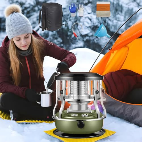 PRMTYUP Petroleumheizung FüR Den Innenbereich, 9000 Btu, Tragbar, Strahlungsheizung, 4,5 L BrennstoffkapazitäT, Kabelloser Heizer, FüR Zuhause, Garage, Camping, Jagd Und Kochen,Grün,Full Set