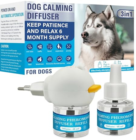 AURIVEE Hund lugnande feromon diffuser med LED-ljus, 2 x 48 ml påfyllning, icke-medicinös, ingen dåsighet, hjälper till med separationsångest och åskväder, 60 dagar