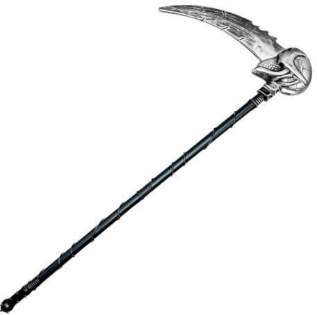 JUFYVO Single Headed Skull Grim Reaper Scythes 84 * 37cm Handheld Sickle Plastic Scythe Prop Realistic Skull Faux Blade Halloween Costume Accessories for Cosplay Party Pretend Fancy Dress