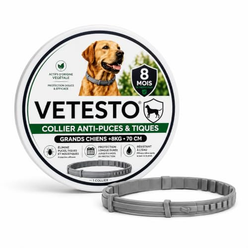 Vetesto Collier Anti-Puces Anti-Tiques pour Grands Chiens +8 kg – 70 cm – Protection Longue Durée jusqu'à 8 Mois – Efficace Contre Les Puces et Les Tiques pour Garder Votre Chien protégé au Quotidien