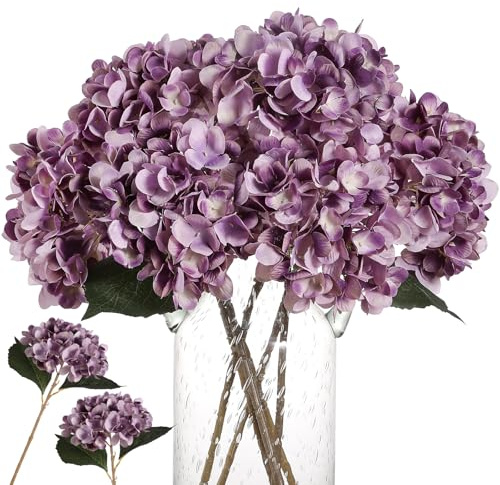Kisflower Konstgjorda hortensior av siden, realistiska hortensior, bukett för bröllop, fest, kontor, heminredning (lila)