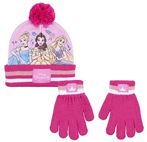 Gorro con Pompones y Guantes Princesas Disney para niña y niña, Juego de Invierno 2 Piezas Licencia Oficial