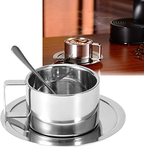 Alvinlite Ensemble de tasses à café en acier inoxydable Tasse à café à double paroi avec soucoupe Tasse Cuillère Poignée Argent Tasse à café