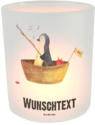 Mr. & Mrs. Panda Windlicht selbst gestalten Pinguin Angelboot - Personalisierte Geschenke, Boot, personalisiert, Optimistisch, Kerzenhalter, Angeln, Leben, Laterne, mit Namen, Trennung, Scheidung