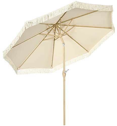 Outsunny Gartenschirm gerade neigbar Sonnenschirm mit Fransenkurbel Metallmast Bohemian Style 8 Stäbe Ø 265 x 244H cm Creme