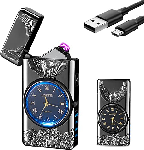 SKRFIRE Accendino al Plasma con Torcia - Accendino Elettrico Senza Fiamma, Design dell'Aquila in Metallo Preciso, Orologio Integrato, Regalo di Prestigio per Uomo - Per Outdoor e Collezionisti(nero)