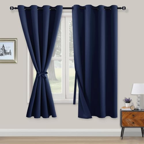XWZO Blickdichte Vorhänge Verdunklungsvorhänge mit Ösen 2 Stücke Gardienen mit Raffhalter Lichtundurchlässige Vorhänge für Schlafzimmer,WonhzimmerBüro, 175x140 cm, Blau