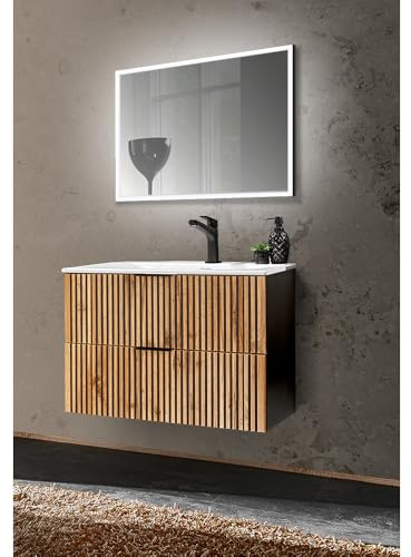 Lomadox Badmöbel Waschplatz Set Waschtisch Unterschrank 80 cm Keramik Waschbecken Spiegel LED Beleuchtung anthrazit Wotan Eiche Nb. schwarz Rillen B/H/T 81/200/46 cm