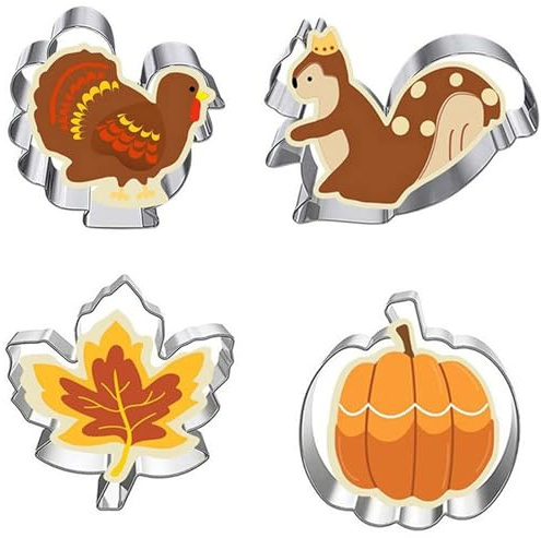Ausstechformen Weihnachten Set, 4 Stück Edelstahl Ausstechformen Backen Weihnachten, Plätzchen Ausstecher, Cookie Cutter, Fondant Keksausstecher für Kürbis, Truthahn, Ahornblatt, Eichhörnchen