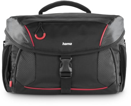 Hama Camera Bag for Digital SLR and System Cameras with Accessories, Holder for Camera Tripod, Tablet Compartment, Rain Cover, Padded, Carry Handle, Trolley Strap, Wipe-Clean Base, Black, red,