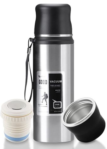 Ruucy Thermal Flask for Hot and Cold Drinks, Hot Water Flask 1L with Cup, Leakproof Stainless Steel Water Bottles, Portable Travel Flasks for Adult, Gym, Outdoor(Silver)