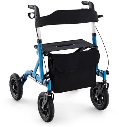 COSTWAY Deambulatore con Seduta 2 in 1, Rollator Pieghevole per Anziani con 4 Ruote, Maniglie Regolabili in Altezza 81-94cm, Portaombrelloni e Borsa Portaoggetti, Carico Massimo 160 kg (Blu)