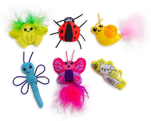 Catstages Cute As A Bug Plush Interactive Cat Toys, Bug Themed Kicker Catnip Toys with Feathers, Crinkle, Mesh, 6pk, Small, Multicolored
