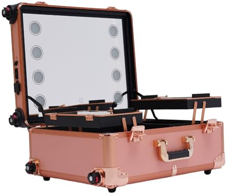 Kosmetikkoffer Trolley Schminkkoffer Beauty Make-Up Koffer & Spiegel Schminkstation Schminktisch Mit Kosmetische Led Wagen Lagerung Cart 4 Rollen für Schönheitszentren Privathaushalten etc Roségold