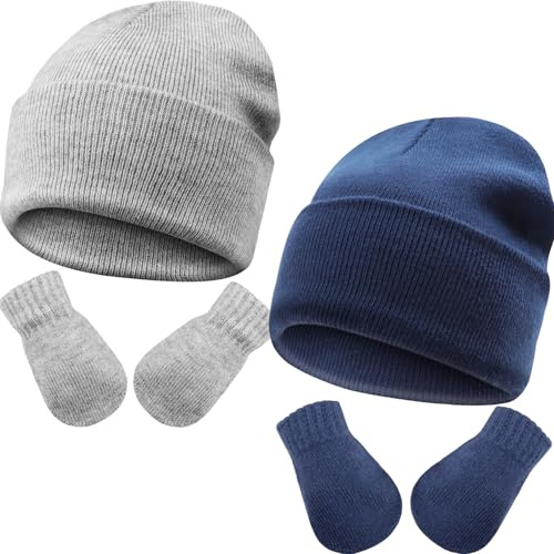 DRESHOW Kleinkind Beanie Kinder Wintermützen und Fäustlinge Set für Kinder Warme Weich Baby Strickenmütze und Handschuhe für 3 Monate - 5 Jahre Mädchen Jungen