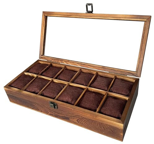 Caja para Relojes con 12 Compartimentos, Artesanal, Madera Maciza, Guarda Relojes, Estuche Reloj, Porta Reloj, Relojero, Organizador, Cojín Extraíble, Marrón, Idea Regalo, Cumpleaños, Hombre, Mujer