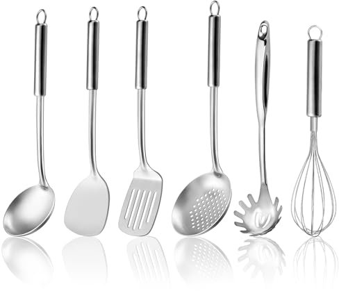 Gymdin utensilios de cocina, 6 piezas, utensilios de cocina de acero inoxidable con mango colgante, espátula, cucharón sopero, espumadera, batidor, cocedor de pasta, apto par