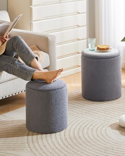 IBUYKE teddy sammet fåfänga pall för make-up, set med 2 runda ottoman med förvaring, modernt vadderat säte soffbord, mångsidig fotstödspall för vardagsrum, grå WBD015G