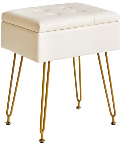IBUYKE Multifunzionale Stoccaggio Vanity Sgabello con Flip Table, Gambe in Metallo Regolabili & Pelle PU - 40x30x48cm Poggiapiedi ottomano per Trucco, Soggiorno, Ingresso Bianco WBD014W