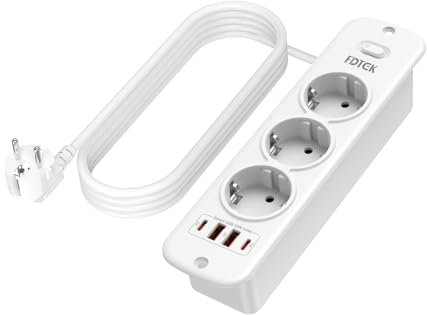 PD 20W Multiprise Intégrée avec 2 USB-A et 2 USB-C, FDTEK Multiprise Encastrable avec Interrupteur, Prise Plan de Travail 3 Prises (4000W/16A), USB Prise Encastrable 2M Câble pour Meuble Bureau