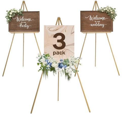 DJAR 3 Pcs 63 Wooden Easel Stand for Sign, Dual-use Adjustable Height, Wood Floor Display Easel for Wedding, Welcome Board, Poster, Picture, Photo- Gold
