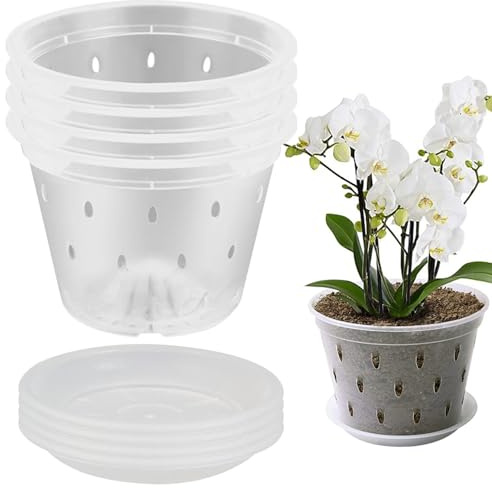 Lot de 4 pots à orchidées transparents avec trous, pots de fleurs respirants avec soucoupes pour rempotage, pots de fleurs en plastique légers pour intérieur et extérieur, pots à orchidées transparent