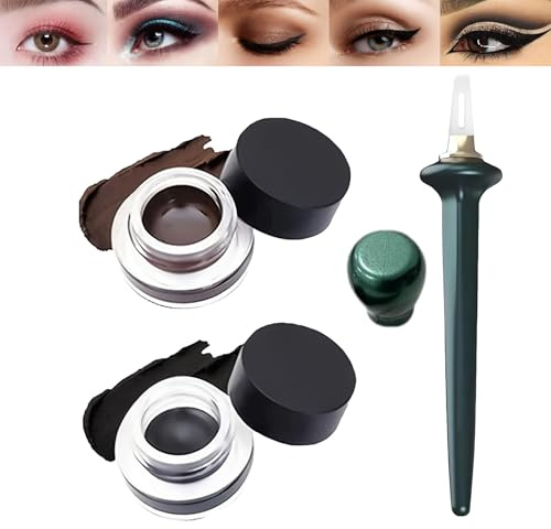 Wasserdichtes Gel-Eyeliner-Set, schwarze und braune Gel-Töpfe, 3-teiliges Set, weicher Silikonpinsel und gebogener Führungsstab, wischfest, langanhaltend, für tägliche Wimpernliniendefinition und