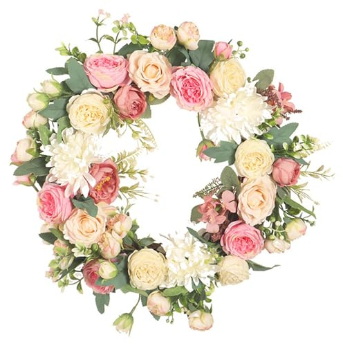 Coronas de Primavera para la Puerta Delantera, Coronas de peonía de crisantemo Artificial de 16 Pulgadas, Corona de Puertas de Primavera, de Flores de Verano para la Ventana de Pared decoraci