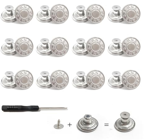 12 Pcs Bouton de Jeans, Remplacement de Boutons, 17mm Réglables Bouton de Pantalon en Métal, Pantalon Jean Amovible Boutons, avec Tournevis, pour Jeans Vêtements en Denim (Argent)