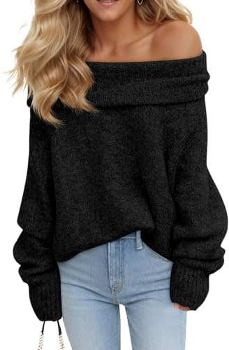 Saodimallsu Damen Pullover Sexy Schulterfrei Langarm Strickpullover Lose Grobstrick Jumper Sweater Einfarbig Casual Winter Pulli