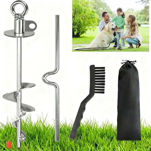 HAGWARE Dog Tie Out Stake Anti-Rust Ground Anchor Dog Stakes for Outside Large Dog up to 220lbs，360° Dog Yard Stake, Free Swivel Dog Stake Brush Camping Gear Twist Rod Included