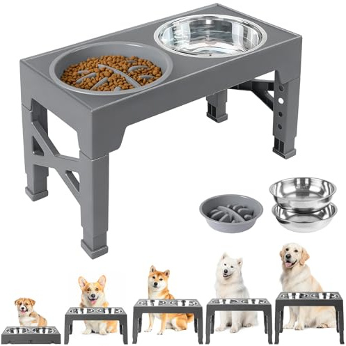 Gamelles surélevées pour Chiens, avec gamelle à Alimentation Lente réglable sur 5 hauteurs (8 cm, 22 cm, 25 cm, 28 cm, 31 cm) pour Chiens de Petite, Moyenne et Grande Taille