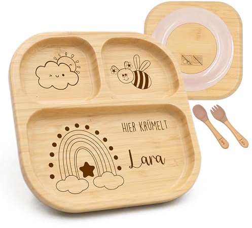 Kidsmood - Kinderteller mit Saugnapf inkl. Baby Besteck mit Namen – Teller für Kleinkinder, rutschfest – Beikost Baby Zubehör, personalisierte Geschenke zur Geburt, Taufgeschenke Jungen & Mädchen