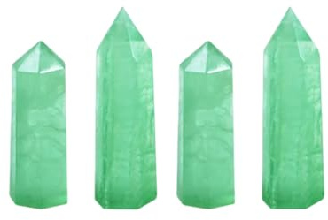 Set med 4 st naturlig grön fluorit kristallspets stav grön kristall sexkantig prisma polerad obelisk stenhantverk för hemdekoration, 50–60 mm hög