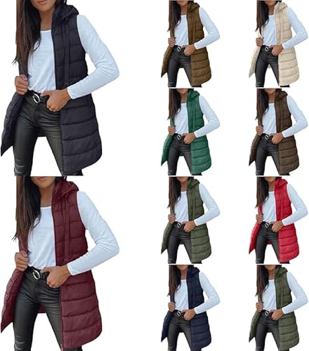 Steppweste Lang Damen, Steppweste Weste Damen Lang Teddy Lange Ärmellose Damenweste Longweste Leicht Elegant Mit Kapuze Daunenweste Winterjacke Grosse Grössen Reissverschluss Kapuzenweste Outdoor