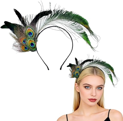YIPFEN 1 Pcs Pfau Kopfschmuck Karneval mit Wimpern Federn, Pfauenfedern Haarschmuck, Pfau Kostüm Damen, Leicht Feder Haarreifen, Haarschmuck Federn
