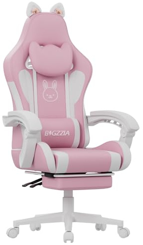 Racingreat Gaming-Stuhl mit Katzenohren und Massagefunktion (Rosa Weiß) | PC Gaming Chair mit Cat-ear massage, PU-Leder, Memory-Schaum, 90°–135° Neigungswinkel, Frauen Erwachsene Gamer Büro Pause