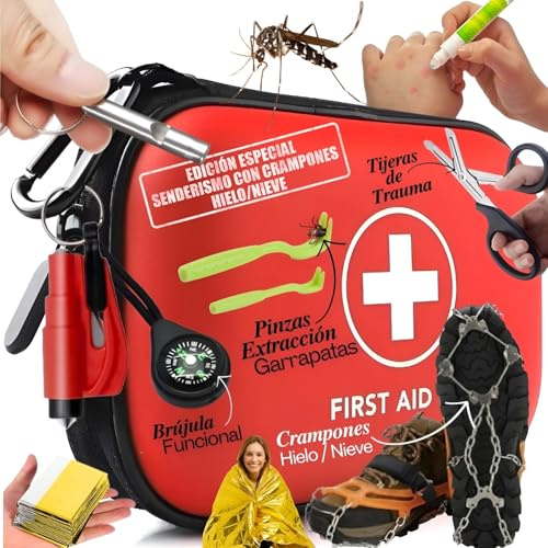Botiquín de Primeros Auxilios – Kit Primeros Auxilios Coche, Casa, Oficina, Viaje, Camping – (Rojo Senderismo con Crampones Hielo/Nieve)