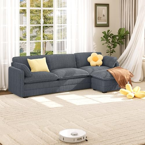 Xbro Sofá Modular en Forma de L, Sofá Nube para Sala 3 Plazas, Sofás Convertibles con Taburete Otomano, Tela de Pana, 243 x 141 x 85cm, Gris Oscuro