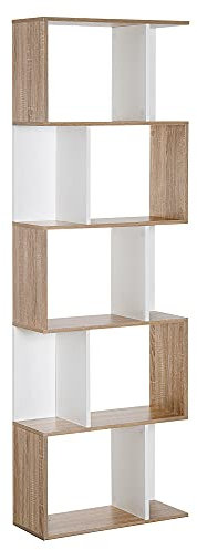 HOMCOM Bookcase, S-Shaped Wooden Bookshelf, 5/6 Tiers Freestanding Storage Shelf, Home Office Decorative Display Stand Rack, Oak and White, 24D x 60W x 184.5H