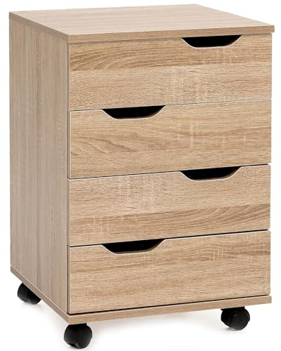 Wohnling Rollcontainer 40x40x60 cm Sonoma mit Schubladen | Schreibtischcontainer mit 4 geräumigen Schubfächern, Bürocontainer auf Rollen, Rollschrank für Büro und Homeoffice