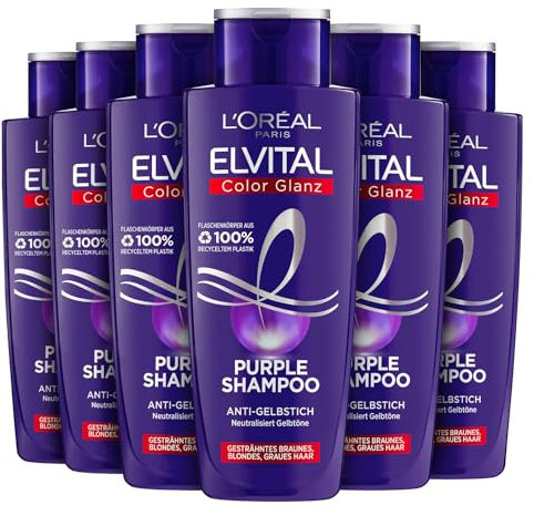 L'Oréal Paris Elvital Shampoo für blondes, gesträhntes, graues Haar, Neutralisiert Gelbtöne, Color Glanz Purple Silbershampoo für Anti-Gelbstich, 6 x 200 ml