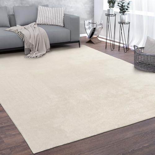 Paco Home Teppich Wohnzimmer Kurzflor Weich rutschfest Modern Einfarbiges Muster Creme, Grösse:120x170 cm