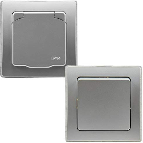 ChiliTec IP44 Steckdose und Schalter für Aussen Delphi, Grau Silber | 250V, Unterputz, Schutzkontakt-Steckdose mit Klappdeckel, Wechselschalter, Für Feuchträume und Aussenbereich