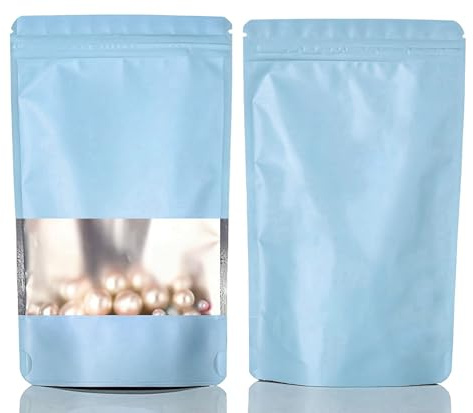 Rimiko 50 Pcs Sachets Alimentaires Debout avec Fenêtre Transparente, Sachet Zip Refermable Aluminium Stand up, Sac Pochette Mylar pour Conservation des Alimentsv (Bleu Ciel,15x22cm)