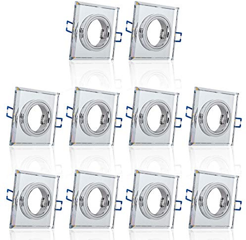 Maxkomfort 10x Glas Einbaustrahler mit LED Ring + GU10 Fassung ECKIG Einbauspot Einbauleuchte Rahmen Rostfrei Deckenspot Strahler Spot 4112