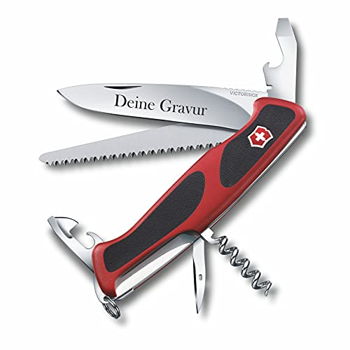 Taschenmesser Ranger Grip 55 mit Wunsch Gravur auf der Klinge I Geschenk für Männer Frauen I zum Geburtstag I Schweizer Taschenmesser personalisiert mit 12 Funktionen 0.9563.C